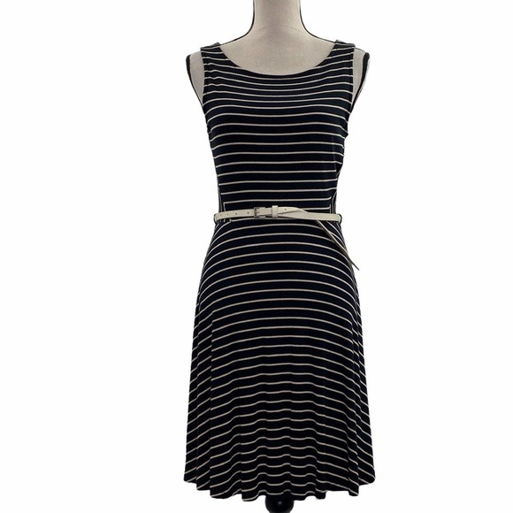 GILLIO Mini Black Striped A-Line Belted Dress L - Picture 1 of 13